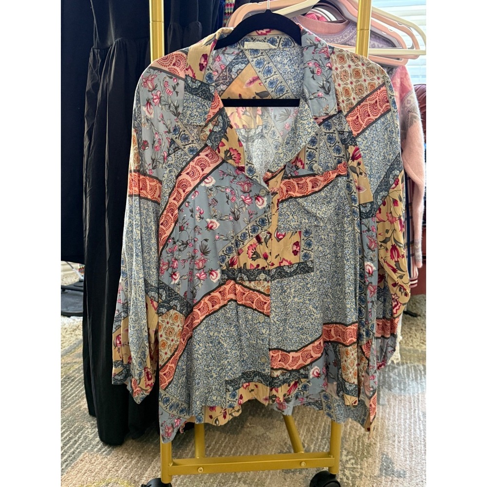 Christian Siriano Patchwork Floral Boho Blouse Women's Button Front Romantic Top - Picture 3 of 8